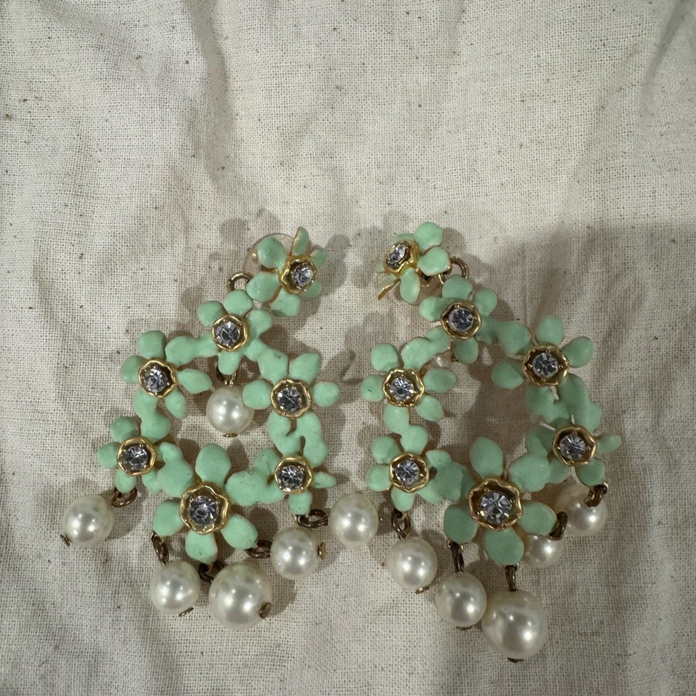 J. Crew Green Floral Earrings with Pearl Accents - Picture 2 of 3